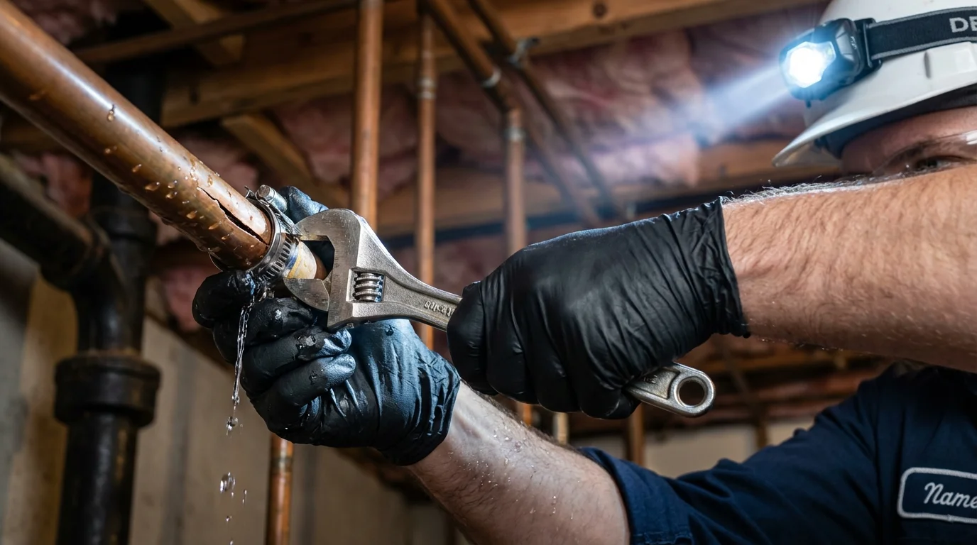 Emergency pipe clamp repair being performed by a Johns Plumbing LLC plumber in Fruitland Park