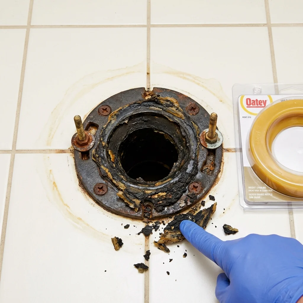 Failed wax ring showing water seepage at the base of a toilet in a Fruitland Park, FL home