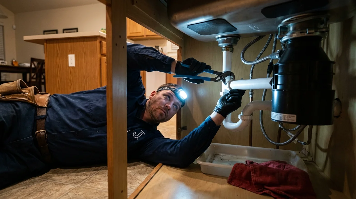 P-trap and supply line connections under a kitchen sink showing a common leak point in Fruitland Park, FL
